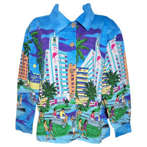 Jane Ashley 1X Top Novelty City Scene Flamingo Beaded Embellished Long Sleeve